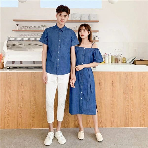 Other - デニム カップル お揃い服 無地 半袖 薄手 おしゃれ 春 夏 服 ペアルック 半袖 Tシャツ ご夫婦 お誕生日 プレゼント 恋人彼氏 彼女 韓国服 Tシャツ ブルー dk013g4g4x4