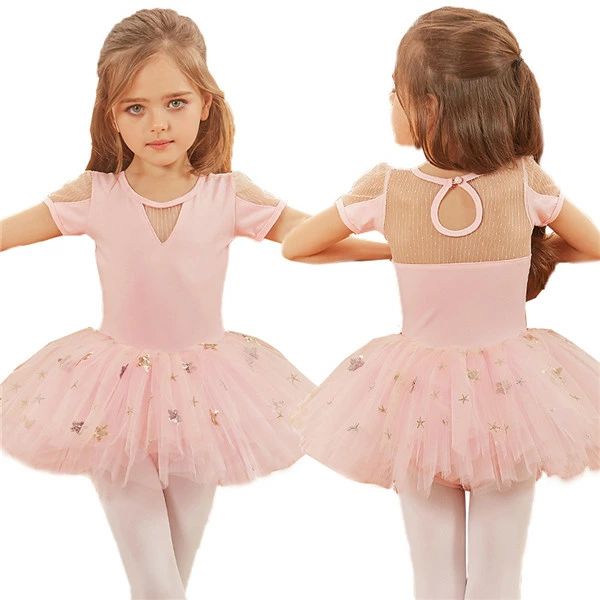 バレエ レオタード 子供 女の子 半袖 レース 可愛い ジュニア スカート付き 袖あり 股下スナップ ストレッチ 伸縮 練習 新体操 練習着 謝恩会 発表会 バレエ用品 ダンス かわいい キッズ 演出用 ピンク【100/110/120/130/140/150/160】