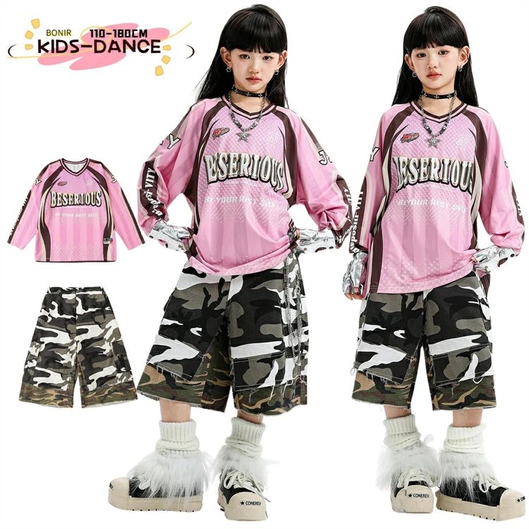 樂天商城 - 女の子 キッズダンス衣装 ピンク セットアップ トップス 迷彩パンツ 七分丈 子供服 hiphop ヒップホップ ジャズ レッグウォーマー おしゃれ かっこいい お洒落 個性 子供服 ガールズ 文化祭 発表会 ストリートk-pop ステージ衣装 110-180