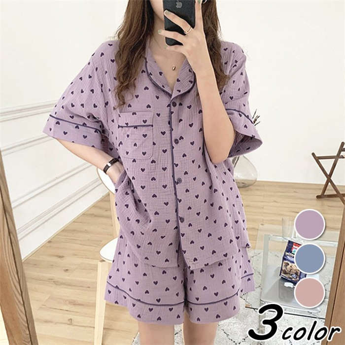 【送料無料】パジャマ ルームウェア レディース 春夏 半袖 パジャマ 前開きルームウェア 可愛いハート柄 ショット丈パンツ上下セット パジャマ 部屋着 ゆったり 韓国風 送料無料