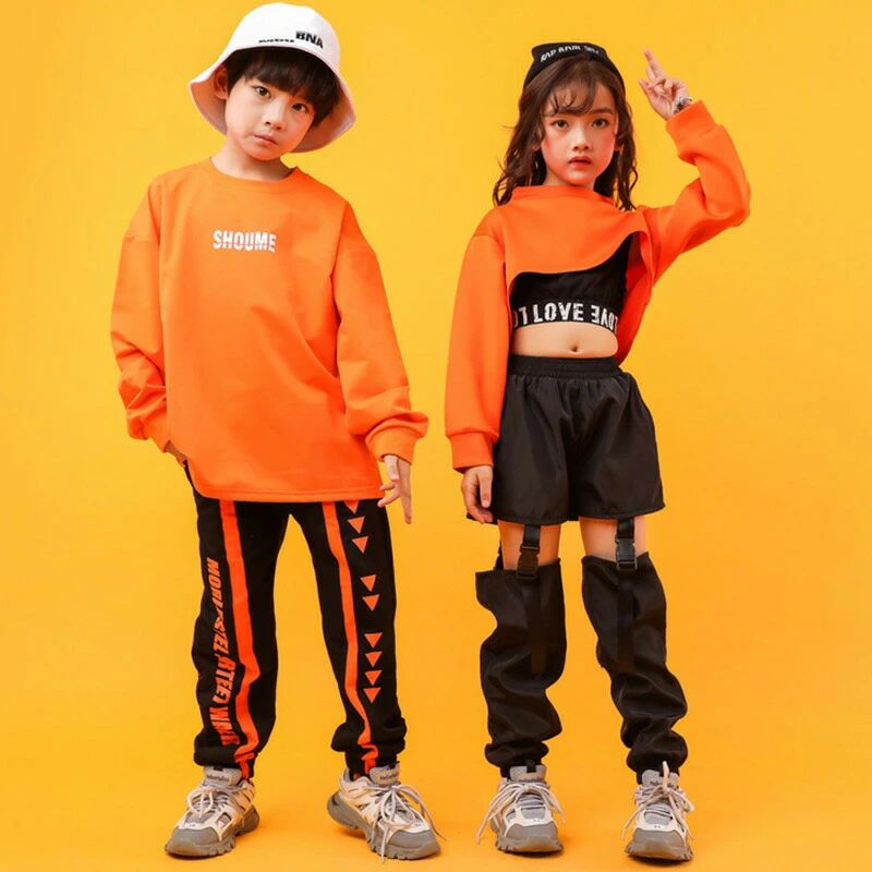 【送料無料】カーゴパンツ 衣装 ヒップホップ ジャケット 長袖シャツ パンツ ゆったり カーゴ 衣装ケース キッズダンス衣装 橙色 オレンジ ダンス 子供服 タンクトップ へそ出し 110 120 130 140 150 160 170 180 大きいサイズ 3