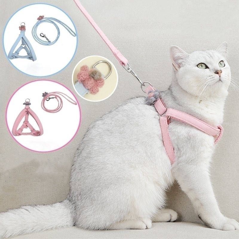 リード キャット お散歩 ネコ フラワー お出かけ 2点セット リーシュ 花 胴輪 おしゃれ ハーネス かわいい ハーネス パステルカラー 無地