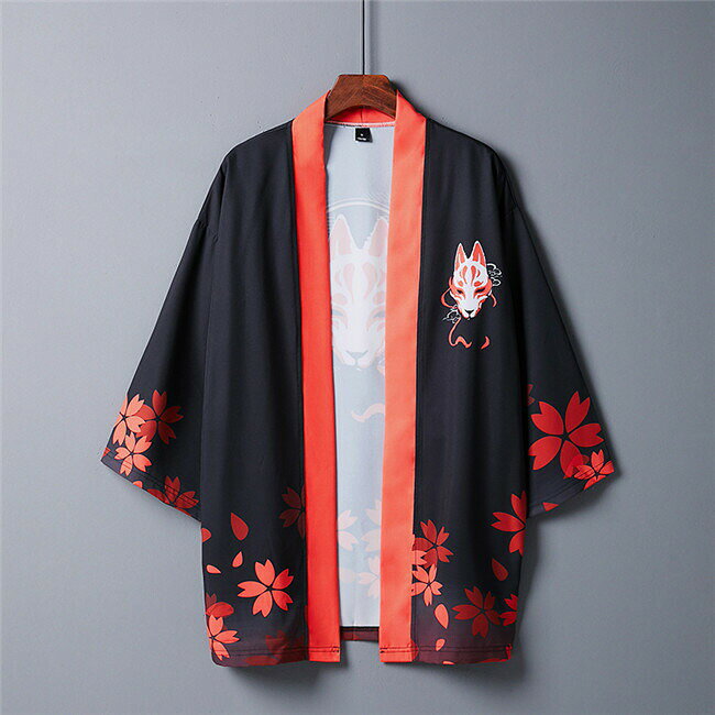 azストアのフリーサイズ　男女兼用 狐柄 夏祭り 夏恋 寺 法被 羽織り 半纏 はんてん 法被 ハッピ 長半纏 半天 袢天 半被 お祭り衣装 雅 和柄 羽織 和装 ユニセックス 浴衣 着物 はっぴスタイル かっこいい かわいい 風物詩 個性的 おしゃれ｜アングル2