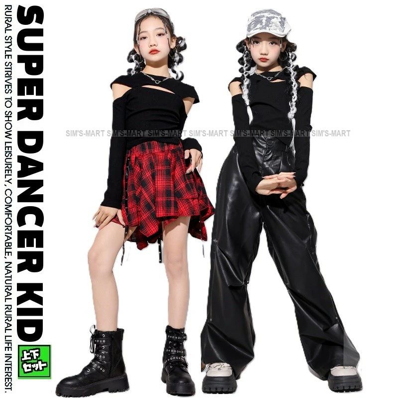 キッズダンス衣装 セットアップ ガールズ ヒップホップ 派手 カットアウトトップス レザー調パンツ チェックスカート ダンス衣装 キッズ K-POP 韓国 赤 黒