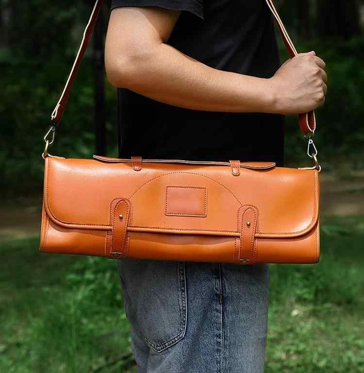 ナイフ アウトドア ケース ポーチ シェフ 包丁 収納袋 ポータブル バッグ ロール レザー ブラウン シン..