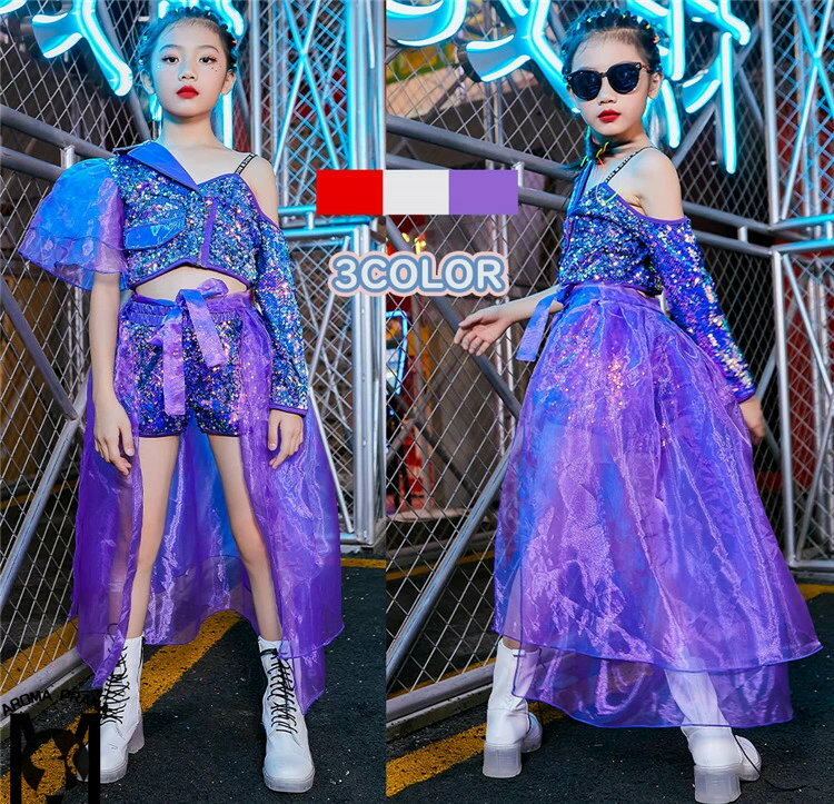 【送料無料】キッズダンス衣装 女の子 ヘソ出し ジャズ jazz スパンコール キラキラ ヒップホップ セットアップ チアガール フリンジ ..