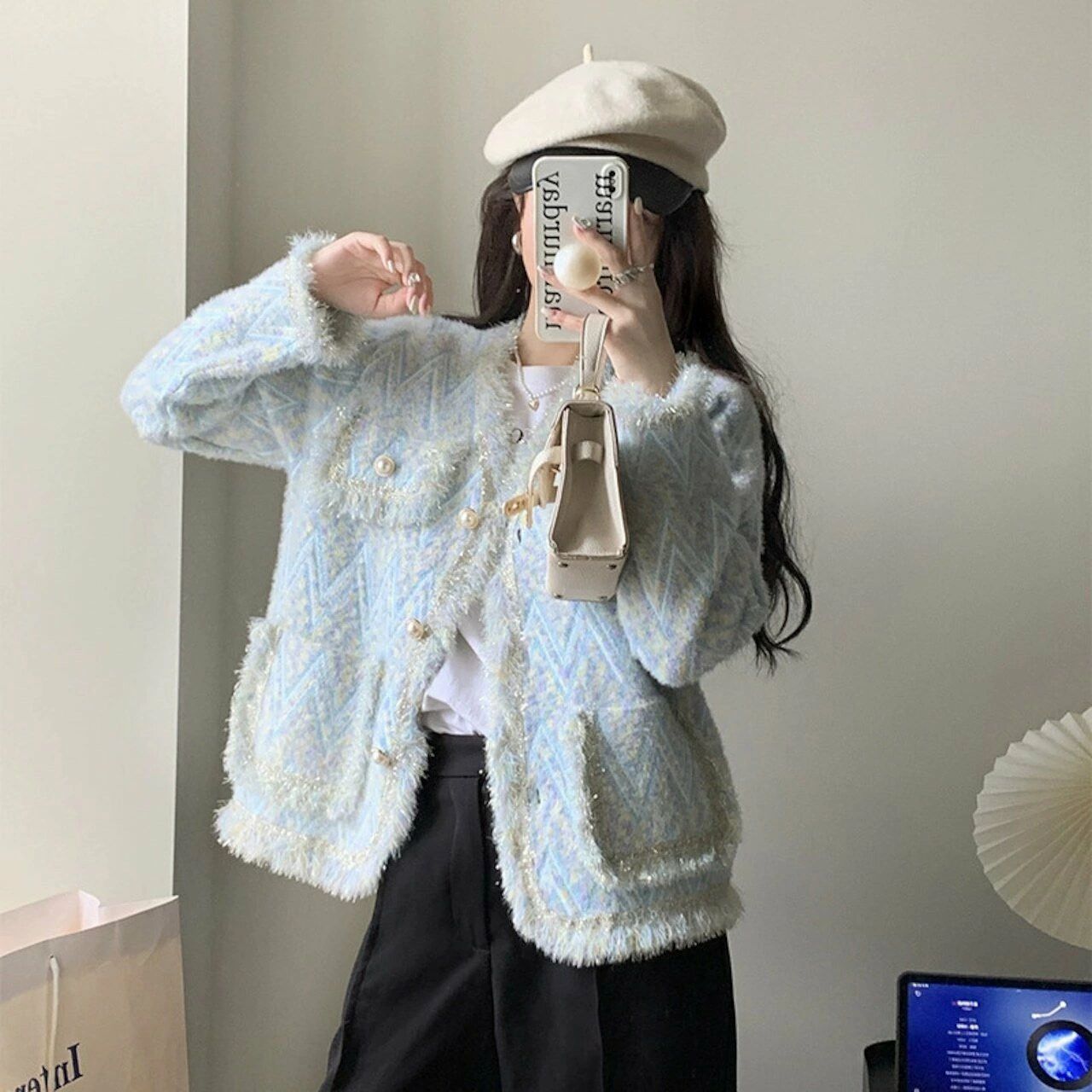 前開き ツイード ボタン フリンジ かわいい 大人可愛い おしゃれ 主役級 春 秋 OL デート 女子会 合コン 韓国