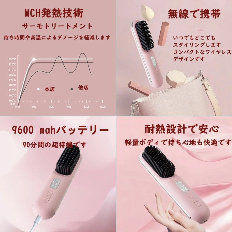 火傷防止設計 大容量 9600mAh コードレス ヒートブラシ 【2億マイナスイオン】 コ...