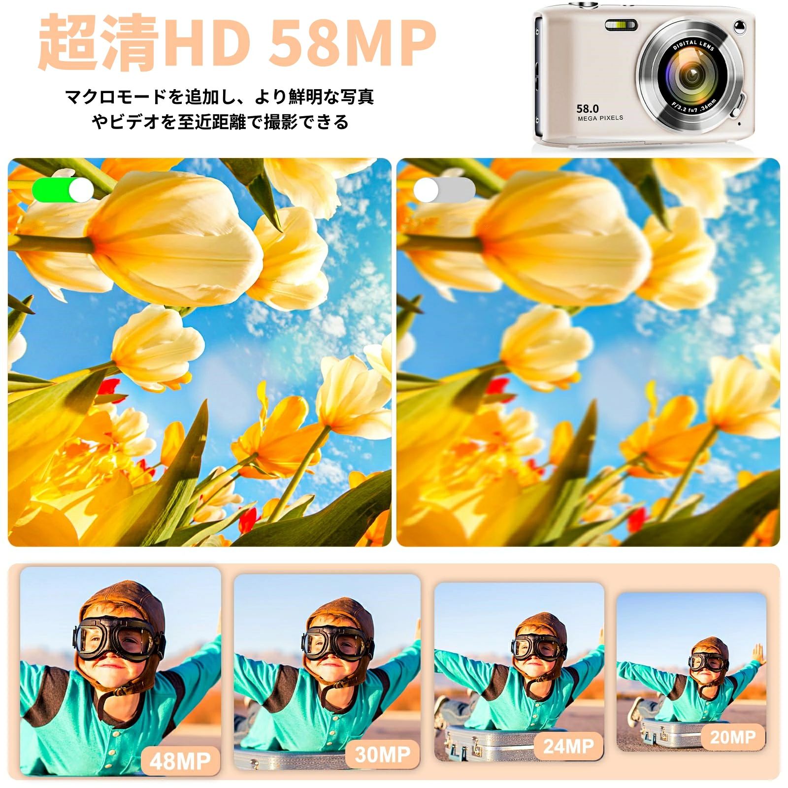 コンパクトvlogカメラ 32GBカード付き 2.88インチIPS画面 オートフォーカス 5800万...