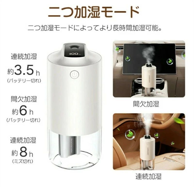 静音 ミニ加湿器 車用加湿器 2600mahバッテリー コードレス 超音波加湿器 卓上加湿器 LCDディスプレー表示 小型 卓上 2