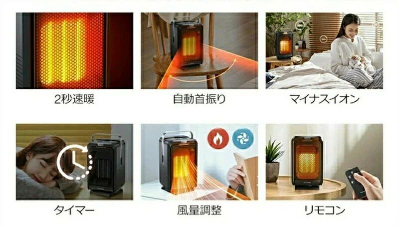 風量2段階 温風 涼風 マイナスイオン発生 卓上 オフィス 足元 ヒーター 1000W 小型...