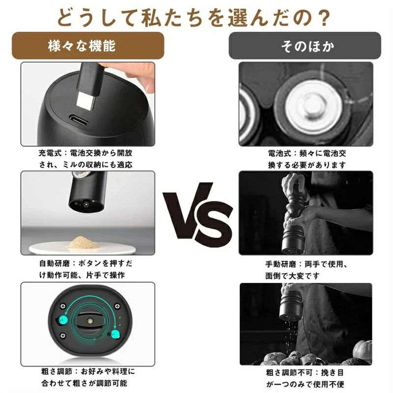 充電ベース 充電式 ミル ソルト 岩塩 ペッパーミル 電動 台座付き スパイスミル 電動 ペッパーミル 2本セット