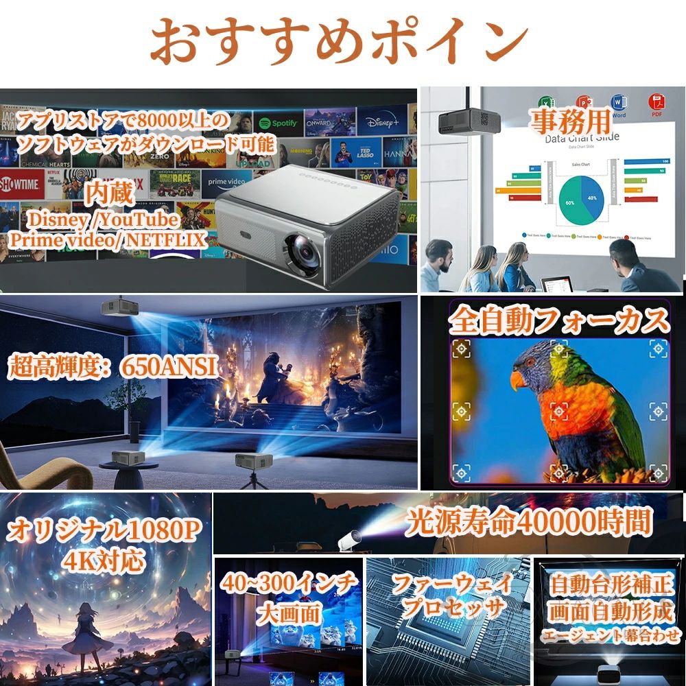 ＼650ANSI超高輝度／プロジェクター 家庭用 スマホと繋げる 小型 4K対応 自動フォ...