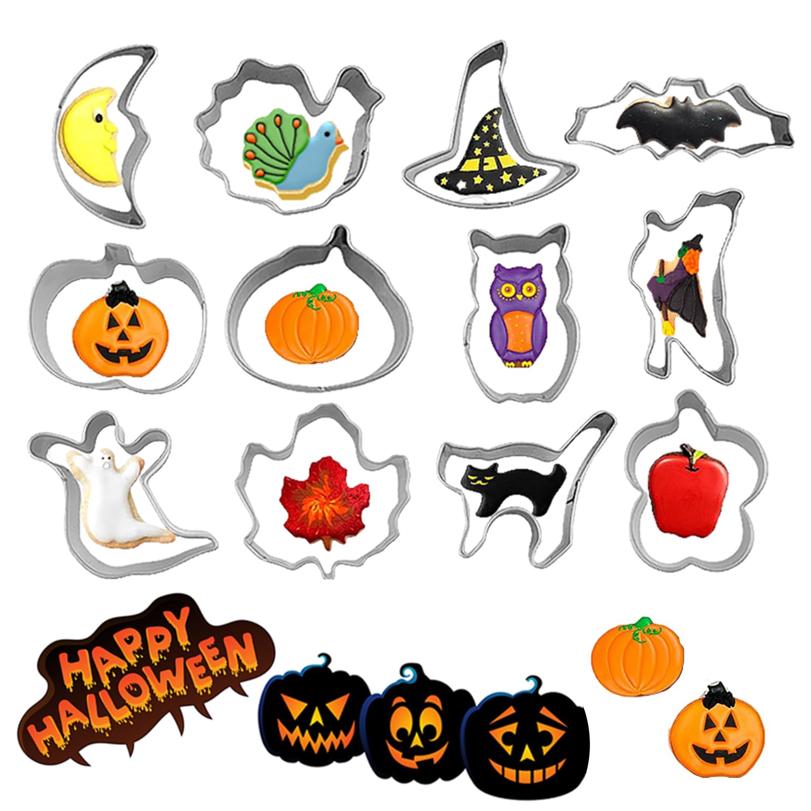 【ハロウィンデコレーション用品】12ピース ハロウィンクッキーモールド パンプキン2種類、ゴースト、バット、ウィッチハット、キャット、ムーン、ウィッチ、フクロウ、ターキー、メープルリーフ、アップルが含まれています。 様々な形のハロウィンビスケット型は、ハロウィンをテーマにした面白いパターンをDIYすることができます。 【高品質の素材】ハロウィンビスケット型は430ステンレス鋼で作られています。ビスケット型は錆びにくくて、耐熱性があり、丈夫で耐久性があります。 【思いやりのあるデザイン】ハロウィンビスケット型はステンレス製で、エッジがロール状になっており、握りやすく、手を傷つけません。鋭い底は簡単に様々な形状をカットすることができ、ビスケットカッターに固執することはありません、きれいにするのは簡単です。 【幅広い用途】ハロウィンクッキーモールドは、ビスケット、ターンオーバー、ペストリー、生地、ドーナツ、DIYビスケット、アーモンド、ゴム粘土などに広く使用されています。ハロウィンビスケット型はハロウィンパーティー用品の楽しさをお届けします。 【完璧な贈り物】子供でも大人でも、このハロウィンビスケット型が大好きです。 ハロウィンパーティーに最適で、家族、子供、友達へのハロウィンパーティーのプレゼントに最適です。
