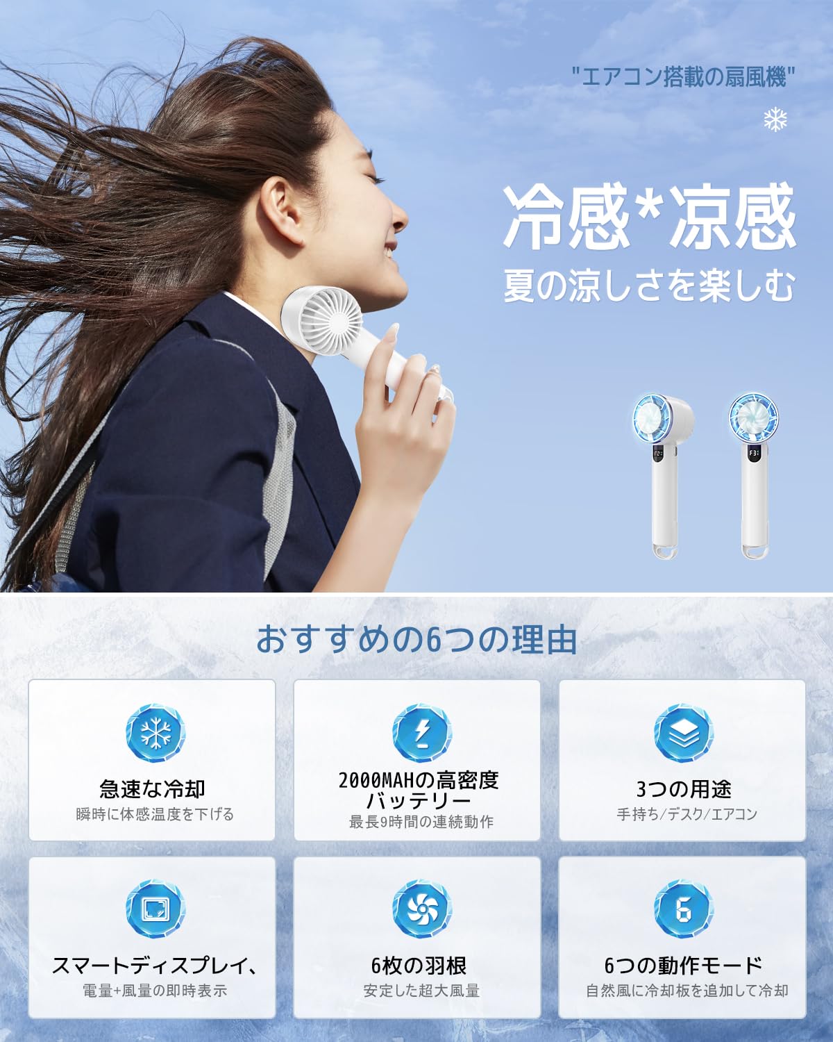ストア石丸のハンディファン ハンディ扇風機 手持ち扇風機 携帯扇風機 冷感プレート付き 急速冷却 3段階調節 高速モーター 強力 涼しい 軽量 小型 ミニファン カラビナ&スタンド付き アウトドア/花火大会/スポーツ観戦/オフィス/テレワークなどに適用｜アングル2