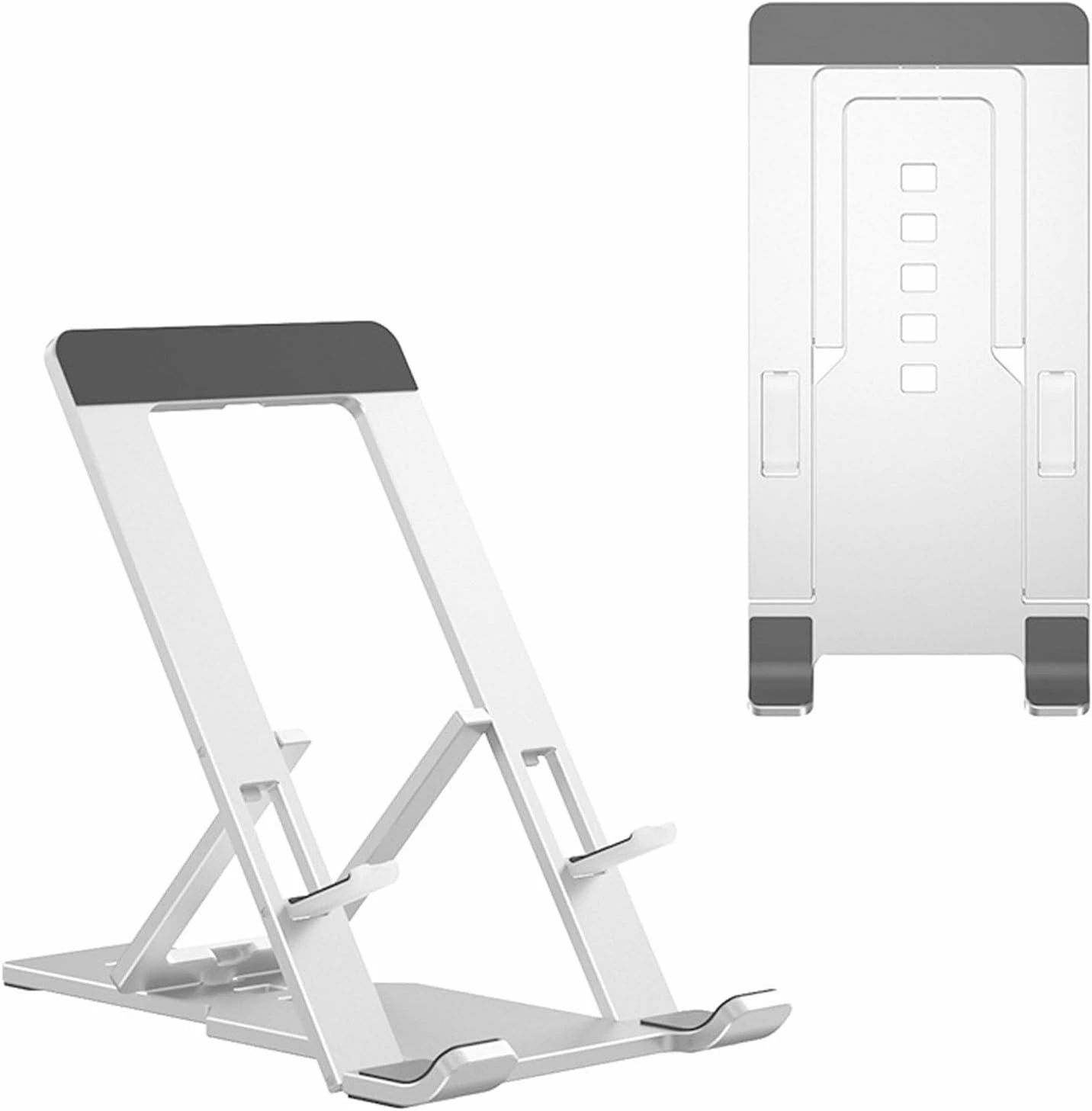 携帯電話スタンド、アルミニウム合金折りたたみ式卓上電話スタンド、5段階の角度調整付きポータブルデスクアクセサリー、折りたたみ式金属製ハンズフリータブレットクレードル、タブレット、スマートフォン用、シルバー