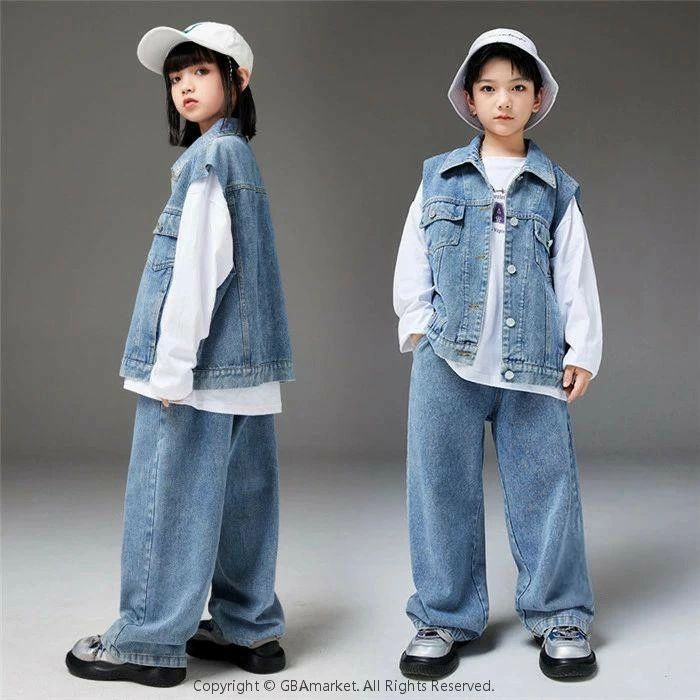キッズダンス衣装 デニムベスト デニムパンツ HIPHOP 男の子 女の子 ブルー ヒップホップ ジャズダンス ステージ衣装 練習着 演出服 舞台 K-POP 120〜180cm - 2