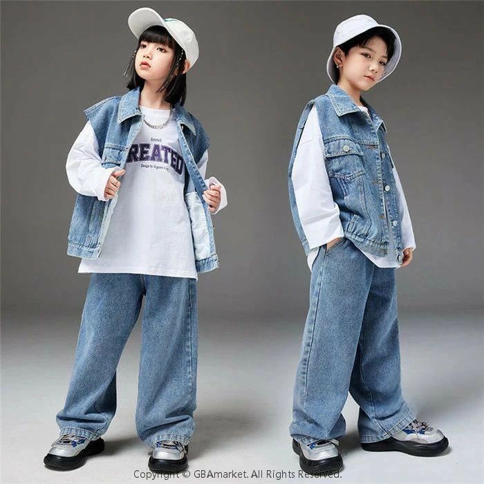 キッズダンス衣装 デニムベスト デニムパンツ HIPHOP 男の子 女の子 ブルー ヒップホップ ジャズダンス ステージ衣装 練習着 演出服 舞台 K-POP 120〜180cm - 3