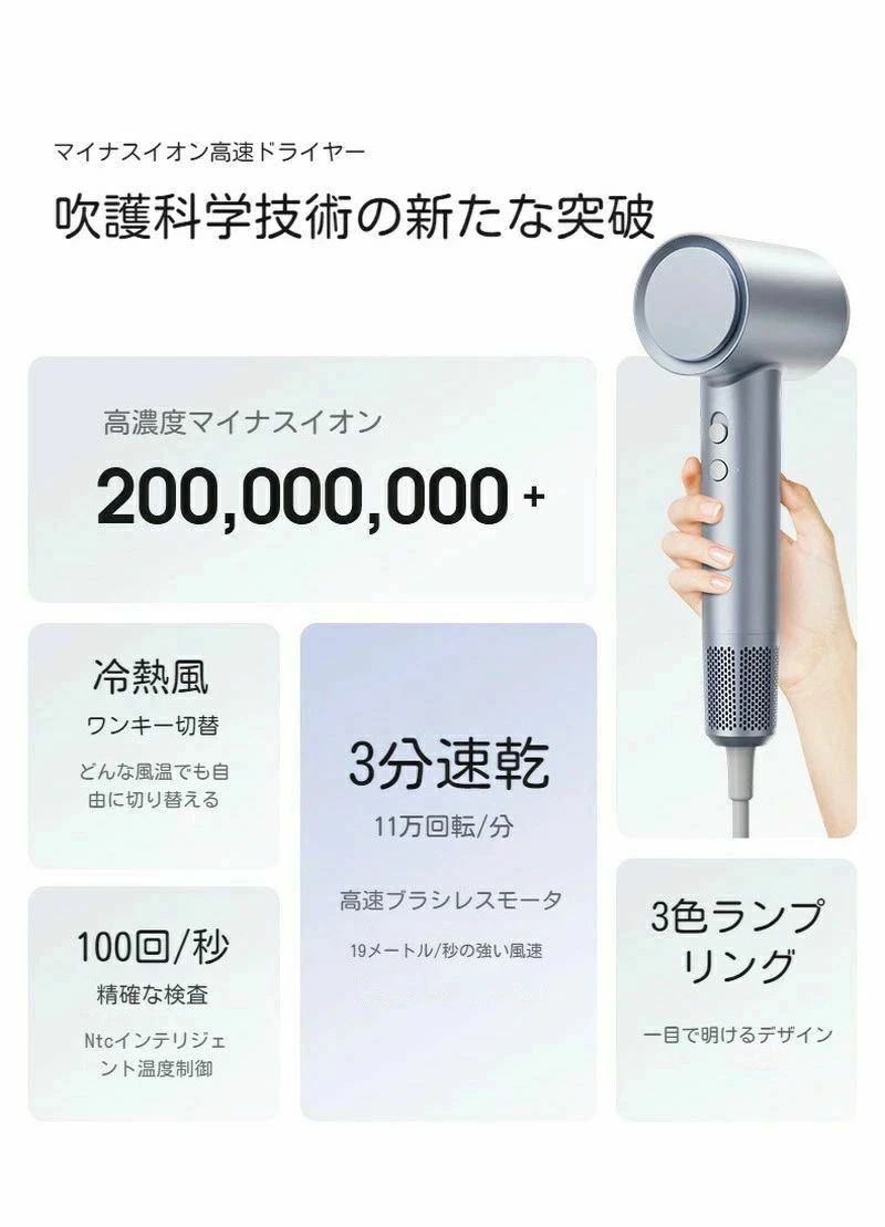 ヘアドライヤー 大風量 1600w 速乾 高速風 4段風温 2段風量 マイナスイオン 冷風 ...