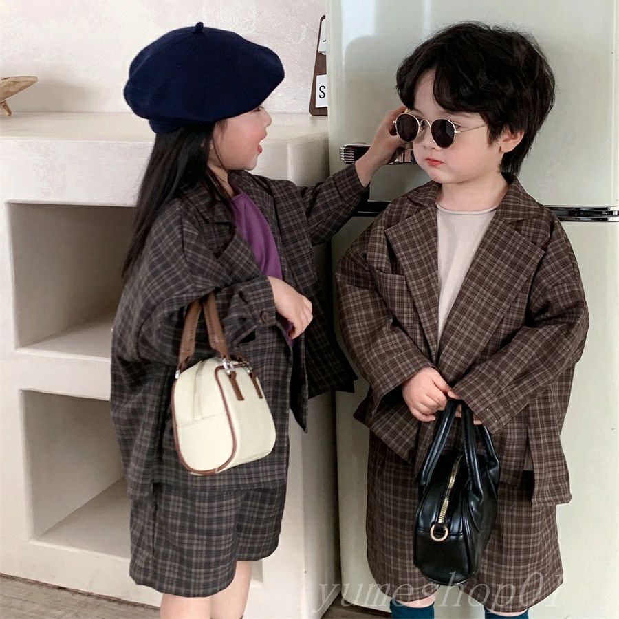 【送料無料】春の新作子供用チャコール柄スリーピースジャージー男女赤ちん森系ショーツ2点セット