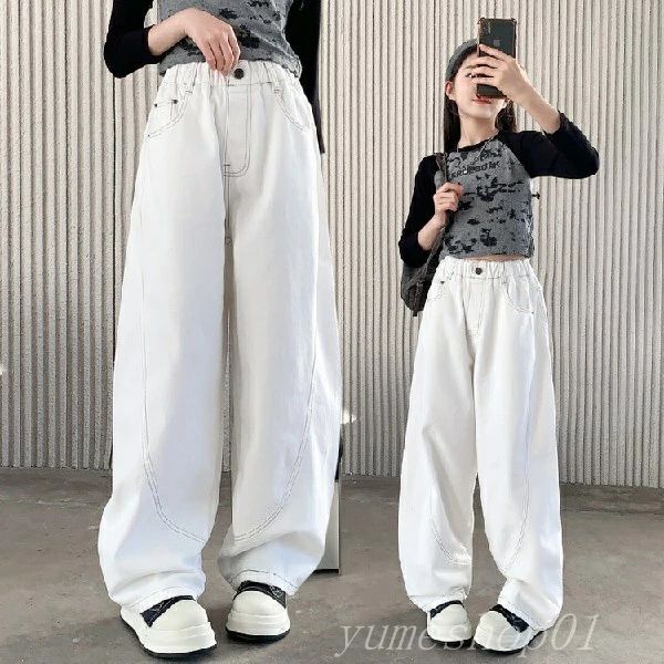 【送料無料】女子ジーンズ2025スプリングニュースタイルミディアム大子供ホワイトカジュアルワイドレッグルーズスリムデニムズボン(4)