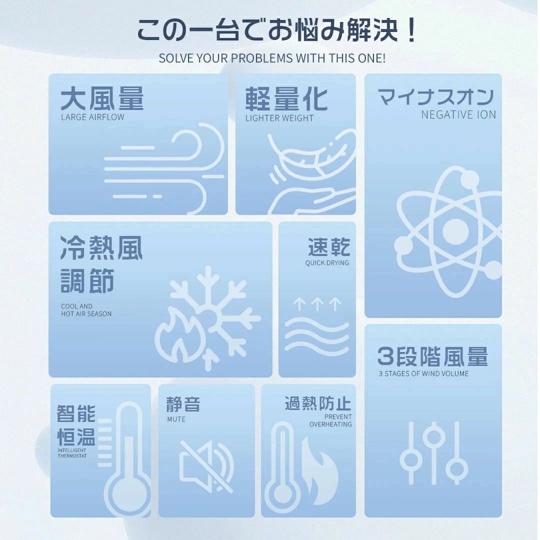 ドライヤー 大風量 速乾 軽量 マイナスイオン 2400W 冷風 熱風 温度調整 静音 低騒...