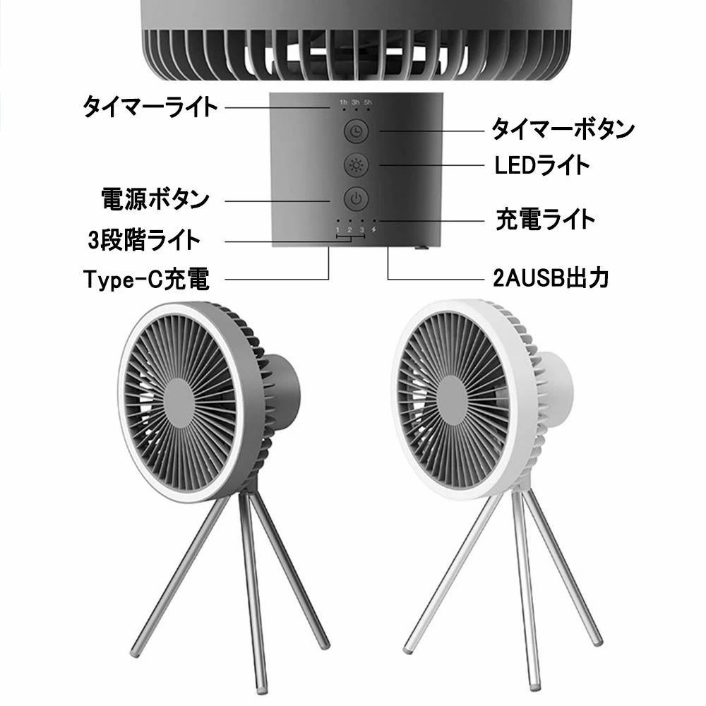Type-C充電式 LEDライト 風量3段階調節 切タイマー 静音 コードレス 2