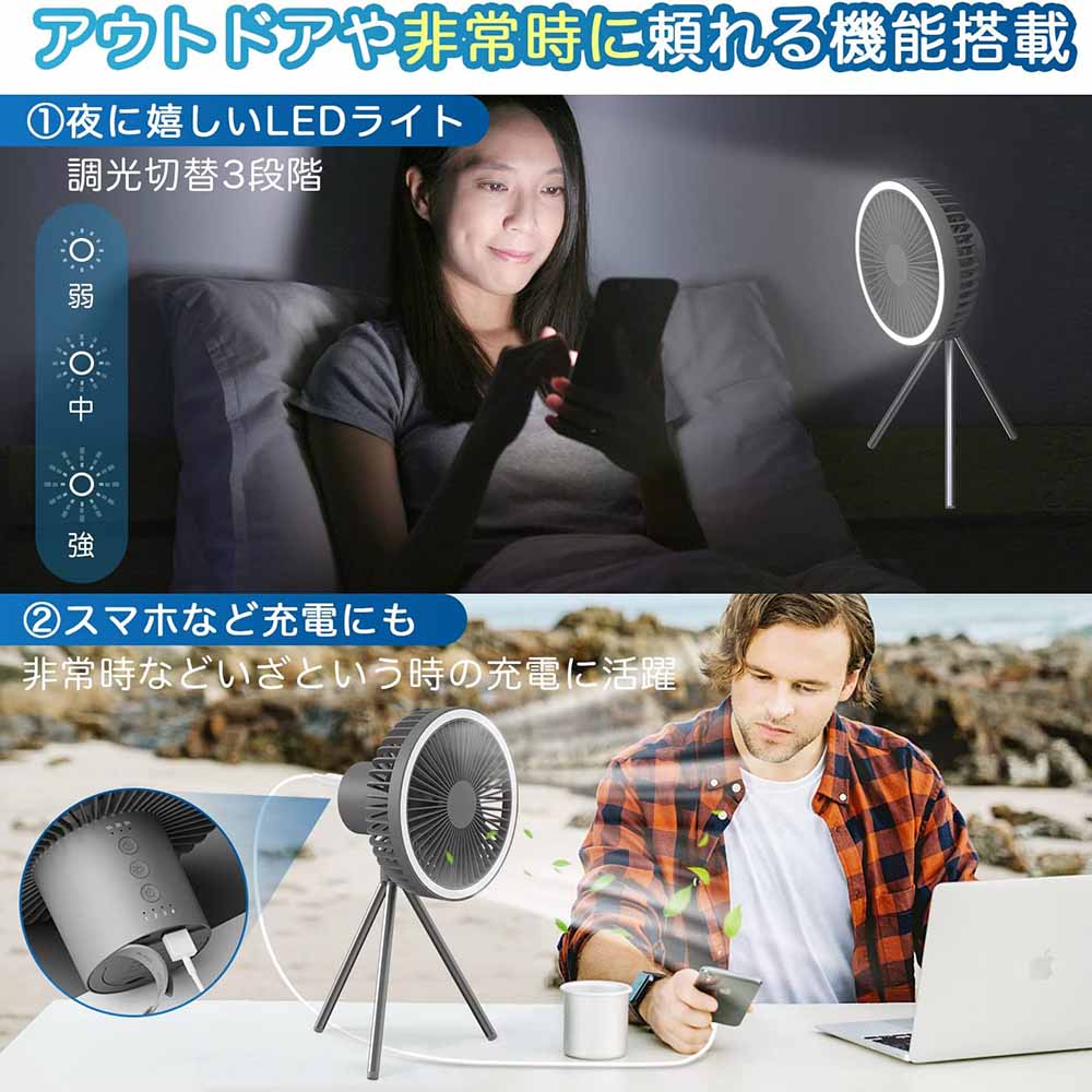 Type-C充電式 LEDライト 風量3段階調節 切タイマー 静音 コードレス 3