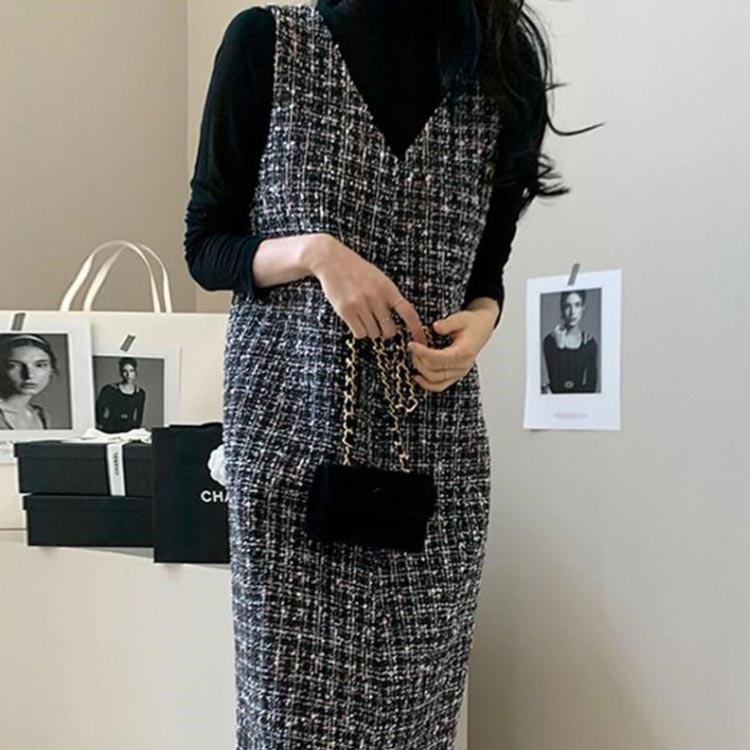 ストア石丸の通勤 通学 オフィス フォーマル 送料無料 大人可愛い きれいめ 重ね着 チェック ツイード ジャンスカ ワンピース ロングベスト ロングワンピース オールインワン Vネック レディース ワンピース ジャンスカー チェック｜アングル2