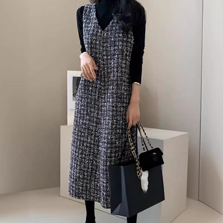 ストア石丸の通勤 通学 オフィス フォーマル 送料無料 大人可愛い きれいめ 重ね着 チェック ツイード ジャンスカ ワンピース ロングベスト ロングワンピース オールインワン Vネック レディース ワンピース ジャンスカー チェック｜アングル3