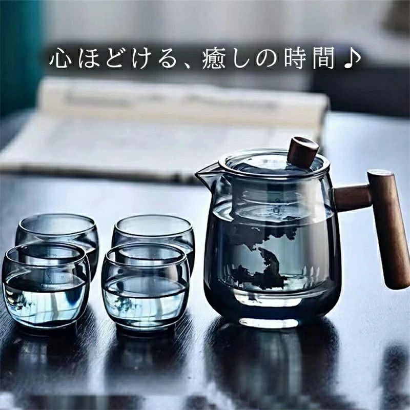 カップセット ガラスグラス ガラス製ポット ティーセット 茶こし付き ティーポット 木製持ち手