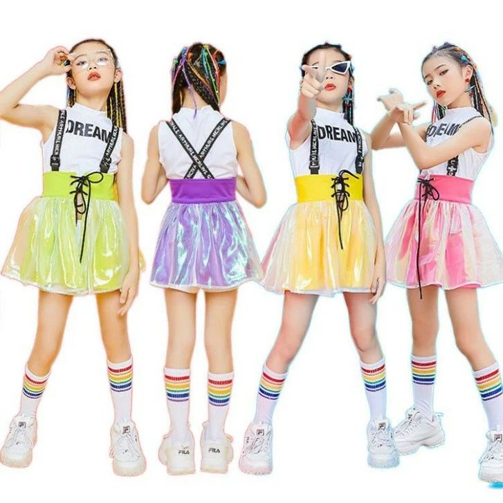 jazz k-pop 韓国 ヒップホップ セットアップ 女の子 キッズ スカート 可愛い 紫 ピンク イエロー ダン..