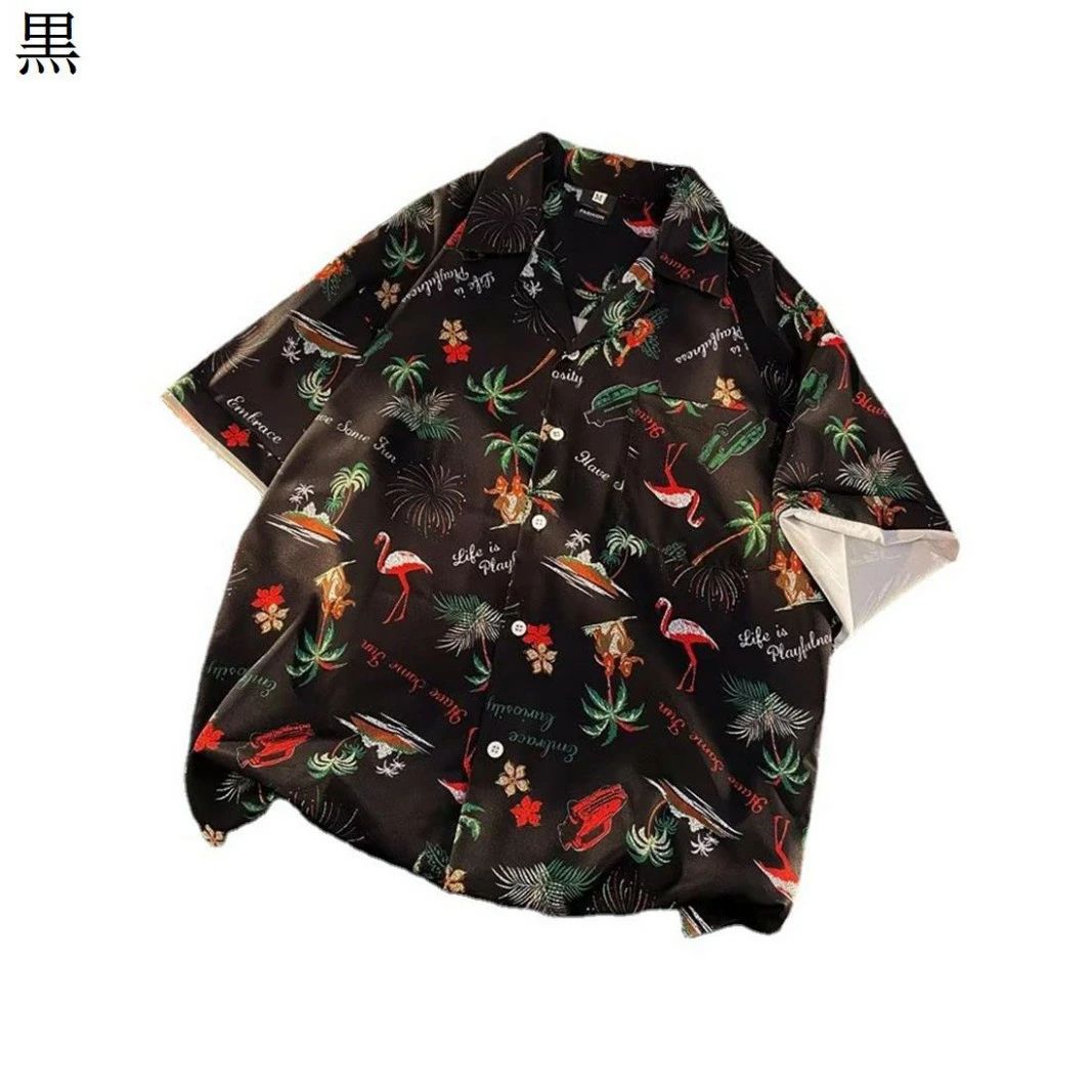 フラミンゴ柄 おしゃれ ゆったり 通気速乾 軽量 開襟 花柄シャツ キューバシャツ 黒 夏服 半袖 レディース メンズ