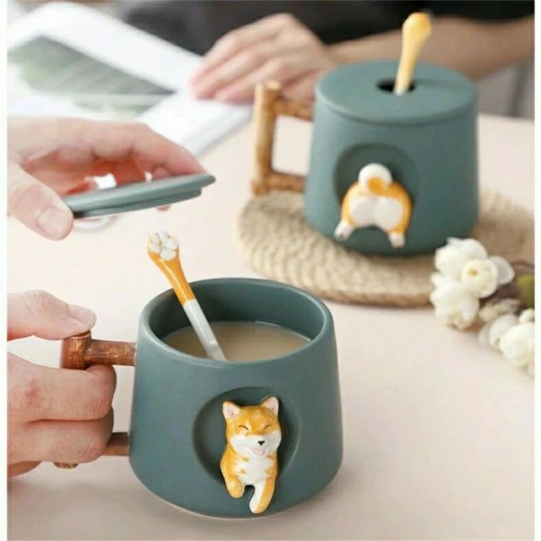 ギフト おもしろ コップ 柴犬 イヌ マドラー付き 蓋付き フタ付き 陶器 おしゃれ かわいい 保温 大きい 北欧 犬