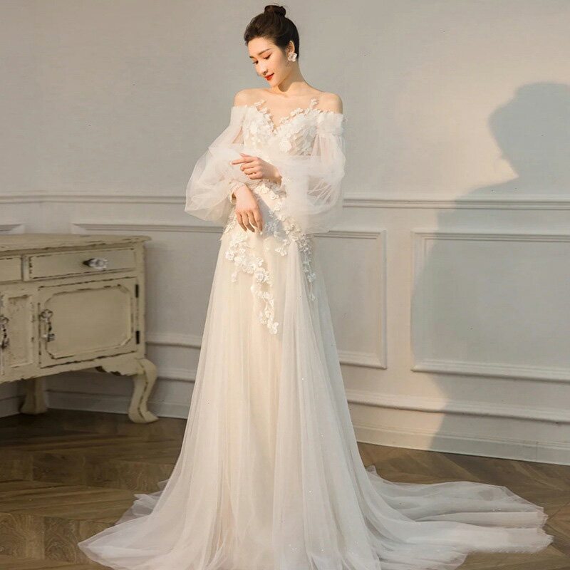 ブライダルドレス 撮影 バルーンスリーブ トレーンドレス セクシー ウエディング ドレス 送料無料 SS S M L LL 3L