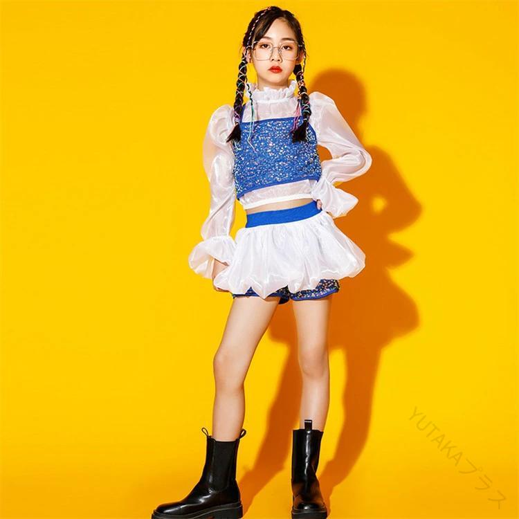 ダンスウエア キッズ 3点セット ダンス衣装 キュロット ヒップホップ 女の子 子供 パフスリーブ 透け感 長袖