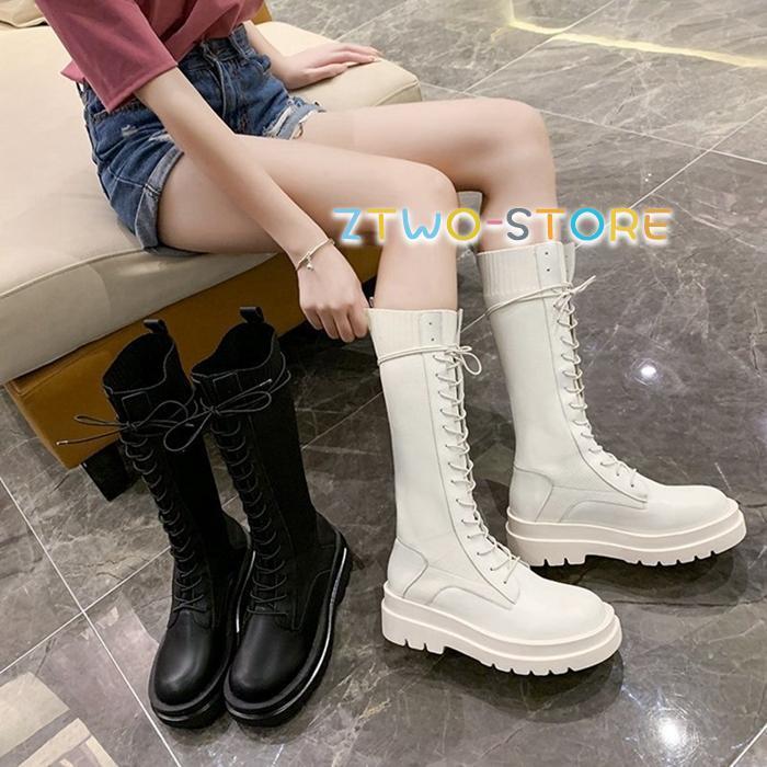 合皮 ブーツニット レースアップ ロングブーツ 靴 フェイクレザー 防寒 痛くない 歩きやすい レディース