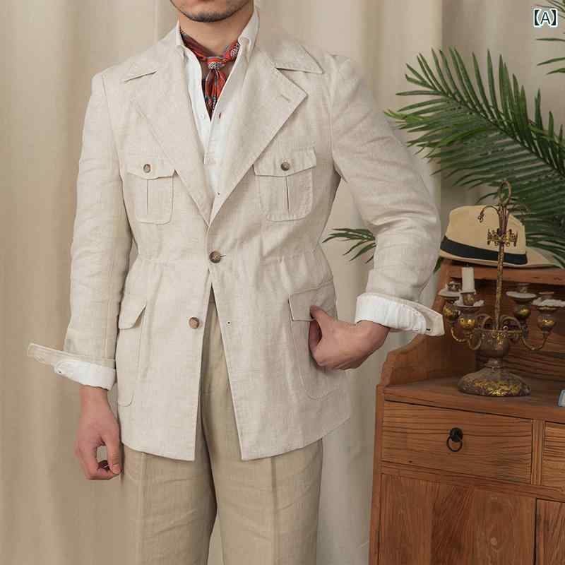 樂天商城 - 白 アウター リネン 紳士服 レトロ サファリジャケット メンズ ミリタリー カーキ アメカジ