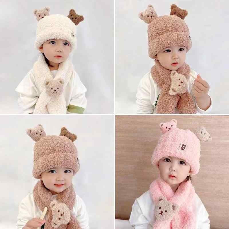 くま耳付き あったか 一体型 秋冬 幼児 乳児 ベージュ ベビー 帽子 防風 かわいい キッズ ネックウォーマー 保温 防寒 ニット帽