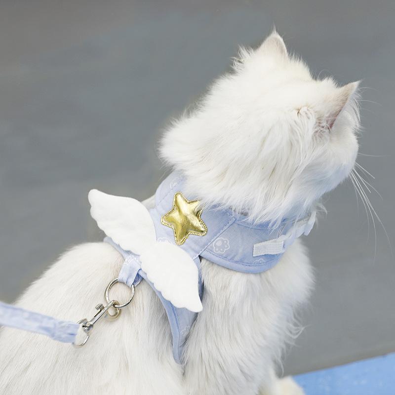 ハーネス かわいい リード 牽引ロープ ベスト 胴輪 幼猫 散歩 猫用 小型猫 天使の羽 水色(x2) 布製 ピンク お出かけ 抜けにくい セット 猫