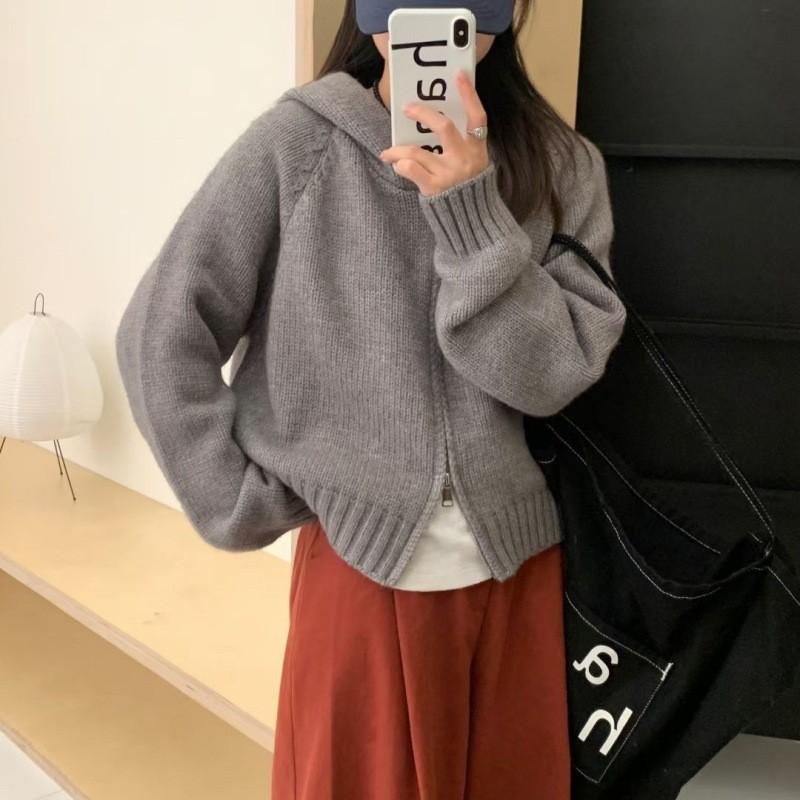 秋冬 デイリー(x2) ニット カーディガン 普段使い 接触冷感 レディース ドロップショルダー フード付き ジップアップ