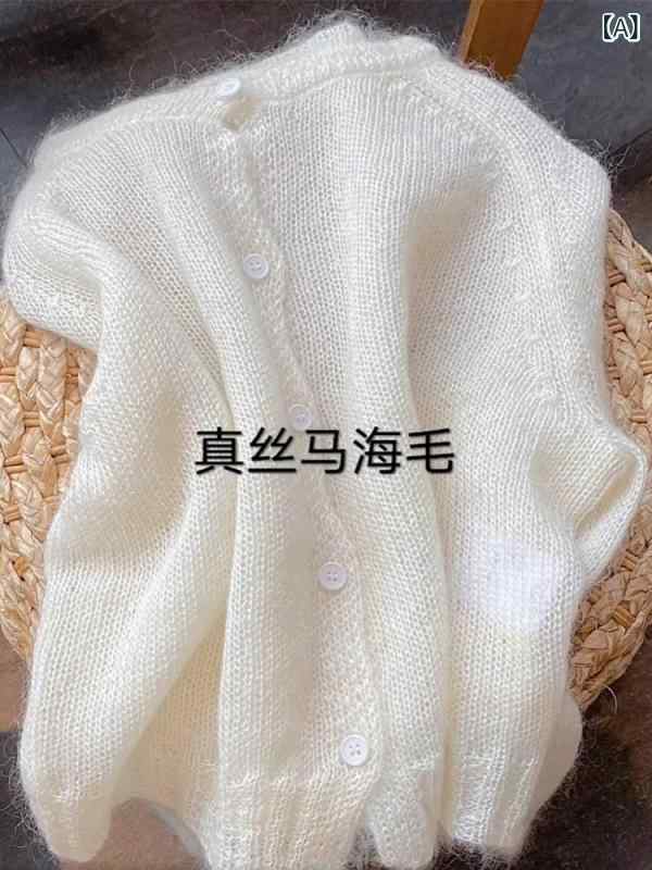 春夏 柔らか ニット ふわふわ レディース マヘア ショート丈 カーディガン ゆったり モヘア 白色 フェミニン