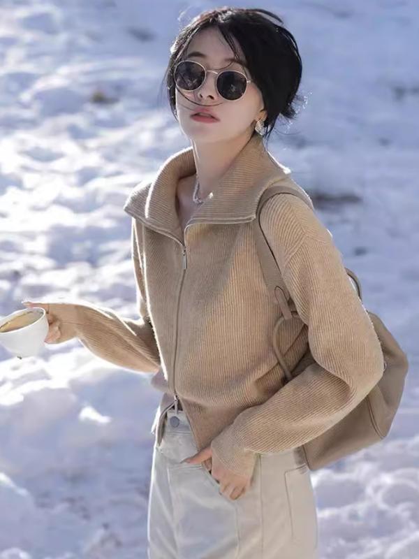 ウール ニット モカ 秋冬 トップス 高見え 女性用 ショート丈 レディース ハーフジップ カーディガン 長袖