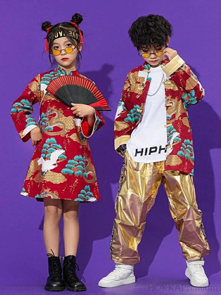 キッズ ダンス衣装 セットアップ ワンピース 男の子 女の子 和風 赤 チャイナ風 漢服 唐服 太極拳服