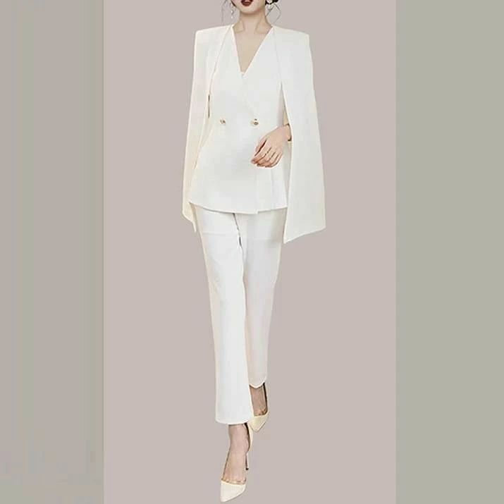 ボトムス スーツ ケープ風 スリム アンクル丈 ジャケット パンツ 長袖 ロング スラックス ハイウエス ノーカラー