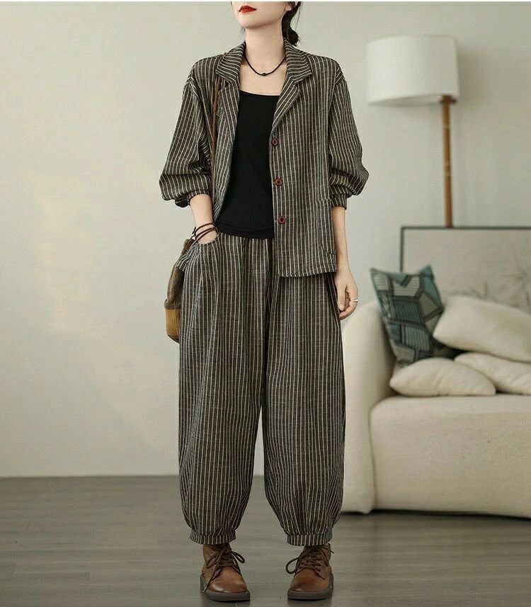 上下セット 春秋 二点セット バルーンパンツ ロングパンツ ストライプ柄 長袖 ジャケット レディース
