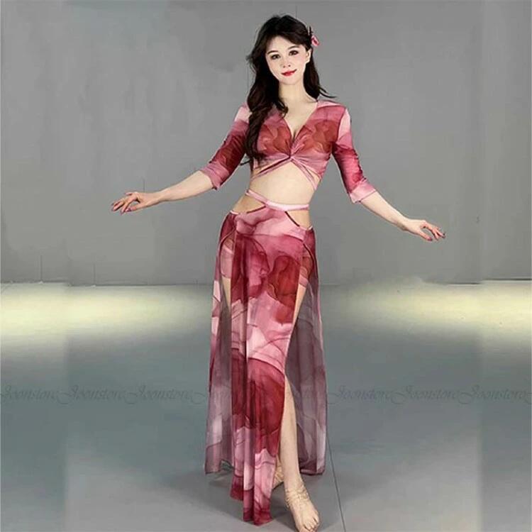 花柄 衣装 上下セット ロングスカート 5分袖 スリット入り 練習着 社交ダンス 衣装セット レッスン着