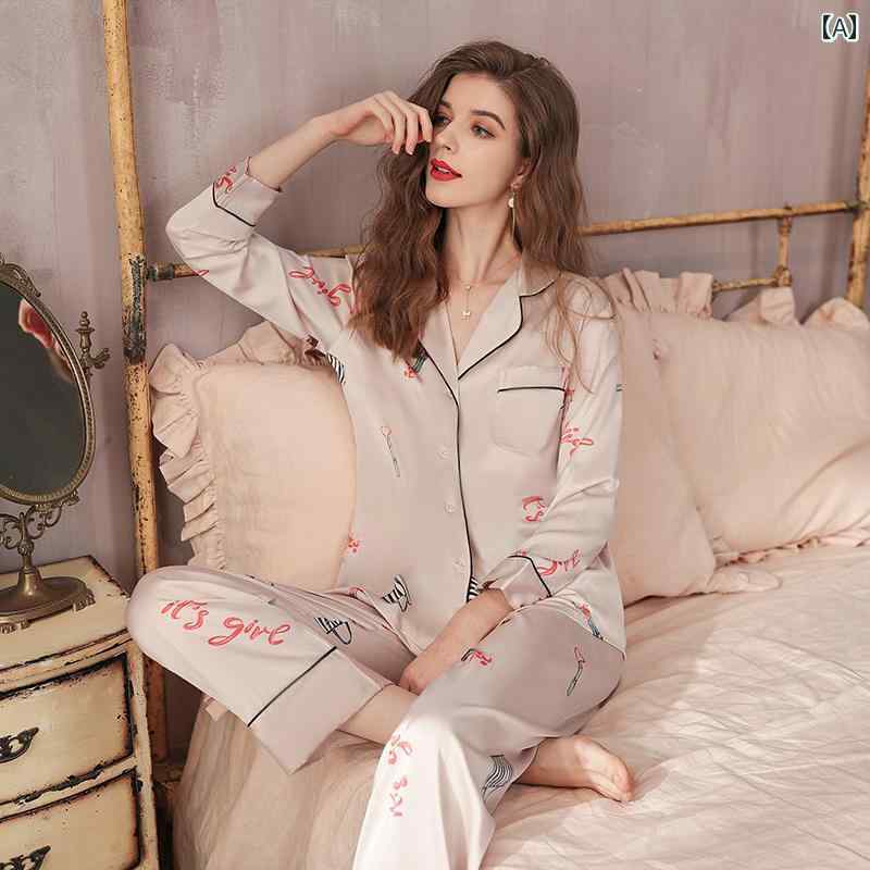 ナイトウェア 女性用 パジャマ 春秋 涼しげ 長袖 薄手 ホームウェア プリント 胸ポケット カジュアル