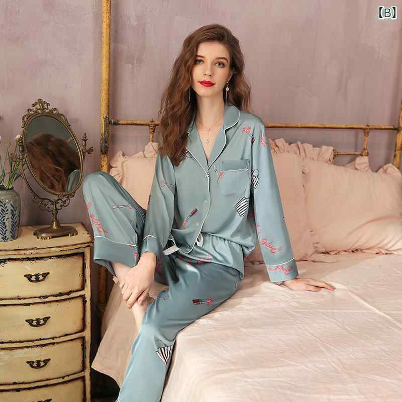 ナイトウェア 女性用 パジャマ 春秋 涼しげ 長袖 薄手 ホームウェア プリント 胸ポケット カジュアル 2
