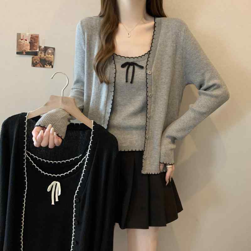 ブラック グレー おしゃれ 韓国 トップス リボン カーディガン キャミソール 大きいサイズ レディース ニット